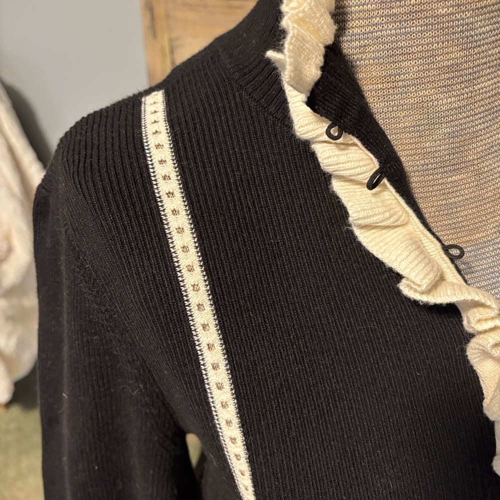 CABI Adorn #4103  Black and Cream ruffle ribbed cotton pullover sweater - Picture 6 of 10